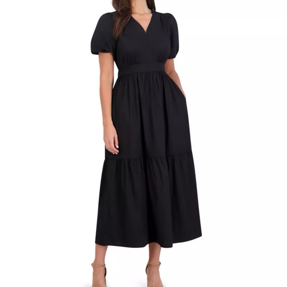 French Connection Bubble Sleeve Poplin Tiered Smocked Waist Dress Black Medium - Picture 2 of 13